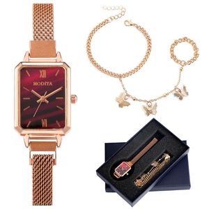 Wristwatches Fashion Women Watch Bracelet Gift Set With Box Lady Square Quartz Mesh Strap Magnetic Buckle Butterfly Chains RingsWristwatches