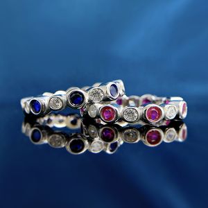 Eternity Sapphire Ruby Diamond Ring 100% Real 925 Srebrny Party Wedding Pierścienie dla kobiet Bridal Remagement Jewelry