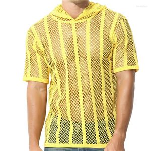 Men's T Shirts Summer Men's Tops Mesh Sheer See Through T-shirt Shorts Sleeve Hooded Casual Beach Swimwear Sport Gym Sexy Tee