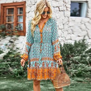 Casual Dresses Slim Fit Slimming Bohemian Holiday Dress 2023 Spring And Autumn Four Seasons Floral Loose A-Line