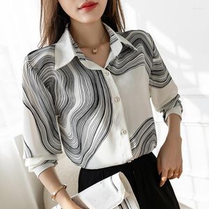 Women's Blouses Fashion Women's Shirt Spring Clothing For Women Ink Painting Pattern Polo Neck Tops Basic Button Up Long Sleeve Shirts