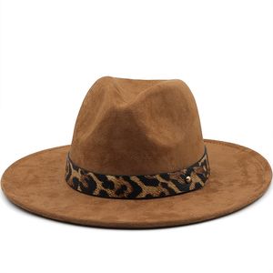 Faux mocka jazz fedora hattar kvinnor klassisk leopard bälte dekoration filt cap män panama gentleman topp hatt fest kyrka hatt