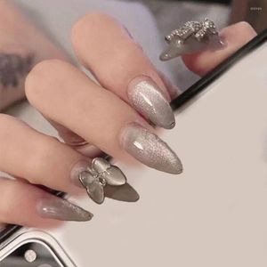 False Nails 24st Full Cover Long Almond French Silver Glitter Fake Nials With Butterfly Press On DIY Manicure Nail Tips