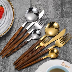 Dinnerware Sets 5pcs Wooden Tableware Cutlery Set 304 Stainless Steel Fork Spoon Knife Gold Dinner