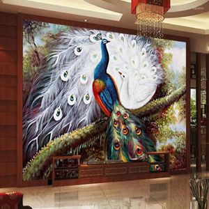 壁紙カスタムレトロ3D壁紙壁のための孔雀の背景絵画壁画シルクペーパー