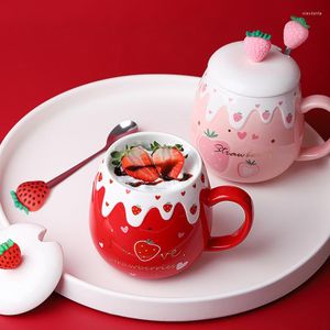 Mugs Strawberry Coffee Mug Cup Lovely Ceramic With Lid Spoon Creative Milk Kitchen Drinkware Girls Water Cups