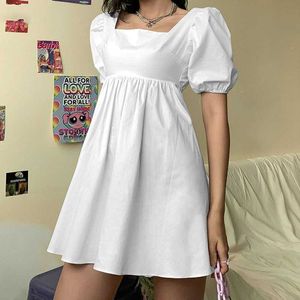 Casual Dresses Square Neck Puff Sleeve Mini Dress Fashion White Elegant Puff Sleeve Halter Party Beach Dress Vacation Casual Ladies Summer G230311