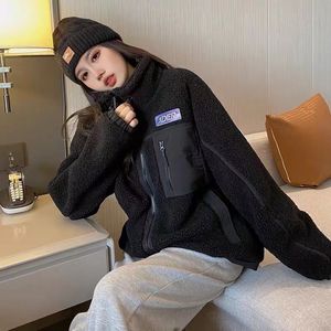 Bluzy damskie bluzy z kapturem okręty błąd Sherpa Pullover Płaszcze z kieszeniami w stylu Koreańszy rozmytą bluza z polaru dla kobiet wysokiej jakości barwnik puszysty płaszcz 230311