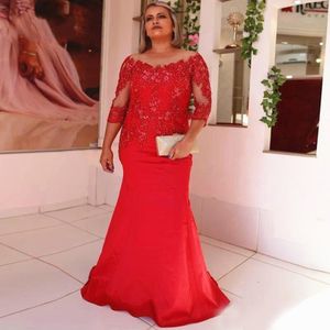 Sereia longa mãe vermelha do vestido da noiva 3/4 de manga comprida Festa de casamento de renda de renda de renda de vestido formal vestido de noite comprimento