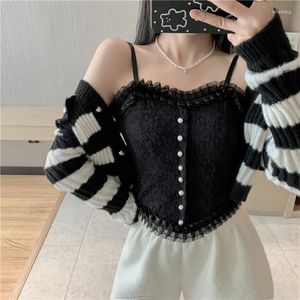 Women's Tanks Women Pearl Sexy Vintage Corset Lace Crop Tops Bralette Cute Camis Vest Straps Elegant French Chic Tank Top Party Clubwear