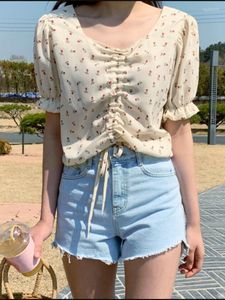 Kvinnors blusar Summer Crop Short Tops Woman Sleeve Casual Korean Japan Style Clothes Design Bow Tie Top Vintage Blouse Shirt 5024