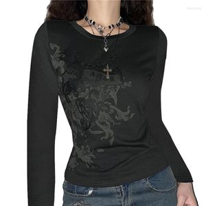 Kadın Tişörtleri Xingqing Y2K mahsul üst grafik baskı uzun kollu gömlek 2000S Kadın Giysileri Grunge Peri Tee Tee Dark Academia Street Giyim