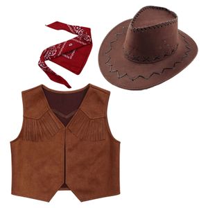 Coloque Kids Boys Boys Western Cowboy Pontos de decoração Fringe Decor com bandana e chapéu de cordão de feltro para figurinos de festa de cosplay vestido 230311