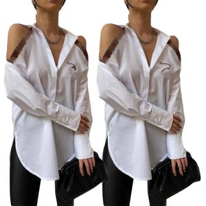 J2799 moda na moda carta impressão blusas para mulheres manga longa ombro aberto cardigan botões casual marca camisas finas