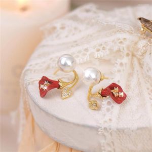 Hoop Earrings South Korea'S Trendy Red Women'S Trumpet Luxury Temperament Flower Back Hanging Two Wear Gift