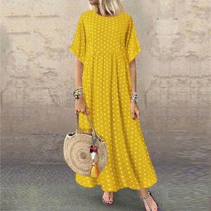 Casual Dresses Summer Casual Loose Bohemia Beach Maxi Dress for Woman 2021 Fashion Polka Dot Print Kort ärm eleganta damer midi klänningar G230311