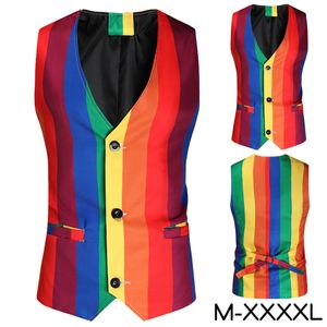 Mens Vests Rainbow Stripes Suit Vest Fashion British Korean Version Kläder Bankett Trendiga Casual Single-Breasted Slim Waistcoat 230311