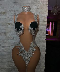 Glame See através do vestido curto do baile 2023 Rhinestone Applique Mulheres Aniversário Vestidos de festa de luxo