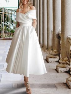 Vestido de noiva simples 2023 comprimento de chá A-line sem mangas fora do ombro de ombro, vestidos de festa noiva