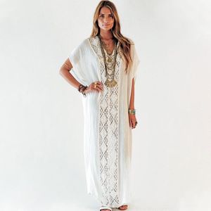 Casual Dresses 2023 Sexig ihålig spets lapptäcke V-ringning Kort ärm Loose Summer Dress White Cotton Tunic Women Beach Wear Maxi N1158