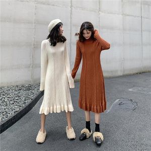 Casual Dresses Women Elegant Turtleneck Slim Long Sweater Dress Thick Knit Autumn Winter Female A-line Basic