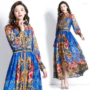 Roupas étnicas manto marroquino ABAYA DUBAI 2023 Blue Floral Print Holiday Party Maxi Dressos Mulheres muçulmanas Mulheres jalabiya Vestido islâmico Eid