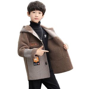 Coat Winter Woolen Jacket For Boy Korean Version Plus Velvet Thickening MidLength Hooded Casual Splicing Children's Clothing 230311