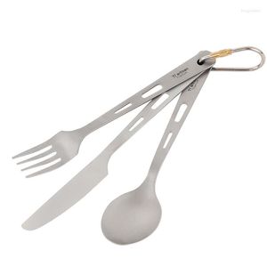 Set di stoviglie Tiartisan Portable Titanium Spoon Fork Knife Set di posate Posate da viaggio Stoviglie con borsa Dessert occidentale