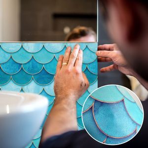 20PCS 3D Tile Stickers Blue Fish Scale Tile Wall Decals Backsplash Tile Decor DIY Removable Waterproof Self-Adhesive Anti-Oil Tile Wallpaper for Kitchen Bathroom