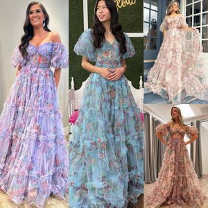 Drucken Sie Blumenabschlussballkleid 2k23 Puffed Ballon Sleeves Sheer Corset Mieder A-Linie Lady Pageant Formelle Abendveranstaltung Party Runway Black-Tie Gala Quitte Lilac Blush Ivory