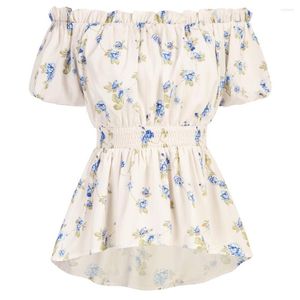 Kadın Bluzları SD Kadın Çiçek High-Lo Üstler Yaz Kısa Kollu Omuz T-Shirts Elastik Bel Tee Ofis Leydi Blon Tatlı Gömlek