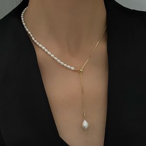 AFSHOR Waterproof Stainless Steel Natural Pearl Y Necklace New Luxury Chain Collar 18 K Plated Metal Gold Jewelry Korean Women