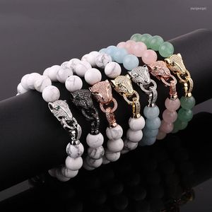 Strand Design Leopard Bracelet CZ Pave Charm Natural Stone Rose Quartz Howlite Beads Elastic Women Men Jewelry Gift