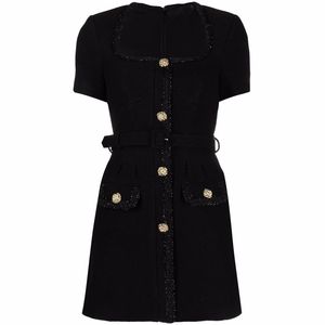 Spring Black Solid Color midja bälte Tweed Dress Kort ärm Square Neck-knappar Single-Breasted Casual Dresses Brand Samma stil Designer W3M123005