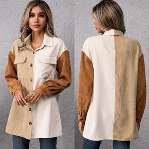 Women's Jackets Women Loose Casual Jacket Corduroy Shirt Single Breasted Patchwork Long Sleeve Colorblock TopWomen's