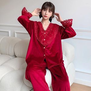 Women's Sleepwear Bride Wedding Velour Pajamas Sets 2PCS Women Pyjamas Suit Sexy V-Neck Lace Floral Nightwear Bud Sleeve Autumn Homewear