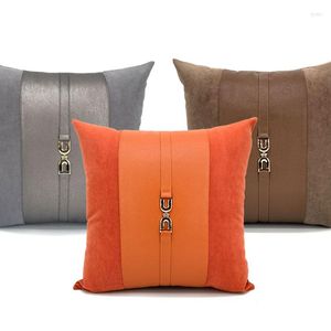 Cuscino Light Luxury Grigio/arancione/caffè Color Cover Pu Leather Suede Patchwork Federa decorativa Fibbia in vita