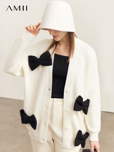 Women's Knits Tees AMII Minimalism Sweater Cardigan Women Autumn Fashion Kawaii Bow Design Vneck Gentle Knitted Coats 12270476 230311