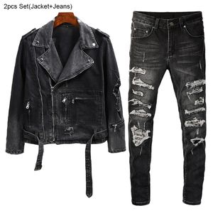 Black Tracksuit Ripped Hole Pant Conjuntos para homens Punk Slim Zipper Design Jaqueta jea