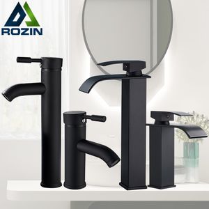 Bathroom Sink Faucets Rozin Matte Black Basin Faucet Deck Mounted Single Lever Bathroom Crane Waterfall Brass Bathroom Tap Cold Water Mixer Taps 230311