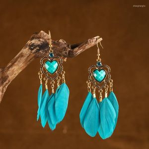 Dangle Earrings Classic Bohemian Feather For Women Vintage Long Heart Shaped Rhinestone Hollow Ethnic Jewelry Gift