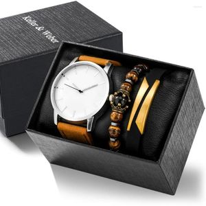 Relógios de pulso simples relógio casual de quartzo marrom masculino Minimalist Watches tira de couro pulseiras elásticas de kit de presente requintado para