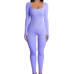 Damen-Yoga-Jumpsuits, Workout-Outfit, quadratischer Ausschnitt, gerippt, langärmelig, Sport-Jumpsuits, Tanzkleidung