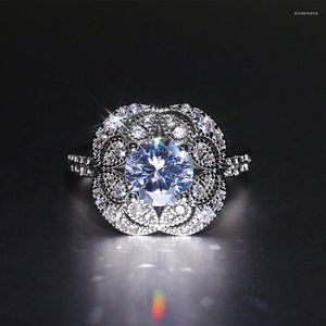 Anéis de casamento requintados em forma de flor branca cúbica zircônia diamante cz para mulheres promessa anel de moda acessórios de banquete jóias