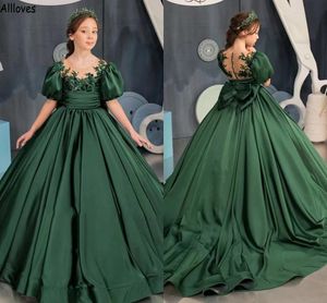 Emerald Green Flower Girls Dresses For Wedding Puff Short Sleeves Princess Paljetter Lace Appliuqed Little Girl's Pageant Ball Gown Long Formal Birthday Dress CL1994