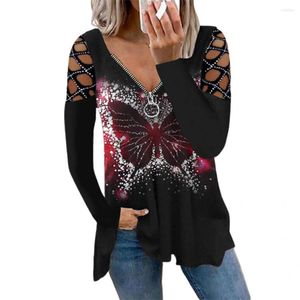 Camicette da donna Camicetta ampia da donna Farfalle con strass Stampa Cerniera Scava fuori Primavera Autunno Scollo a V Manica lunga Top casual da donna