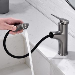 Bathroom Sink Faucets Black Gun Gray Pull-out Basin Faucet And Cold Wash Single Hole