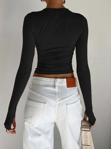 女性のTシャツファッション女性Tシャツ長袖クルーネックソリッドスリムフィットレディーススリム穴付きスリム穴のスリム穴