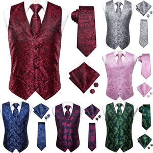 Мужские жилеты Hi-Tie Burgundy Paisley Floral Silk Silk Men's Slim Limboat Setie Set для костюма свадьба 4pcs Жилета для жилета Hanky ​​Set 230311