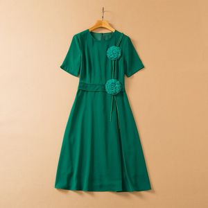 Summer Short Sleeve Dress Round Neck Green 3D Flowers Solid Color Paneled Mid-Calf XXXL Plus Size Size Elegant Casual Dresses 22Q042326